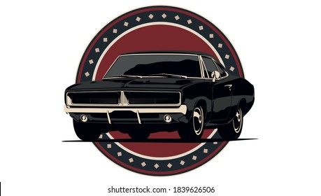 Classic muscle car in vector. Vintage style, solid colors.