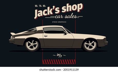 Classic muscle car in vector. Vintage style, solid colors.