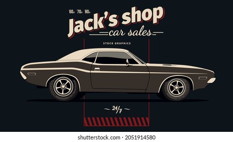 Classic muscle car in vector. Vintage style, solid colors.