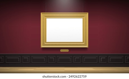 interior de Galería de arte de museo clásico con marco dorado en blanco en la pared maqueta de Ilustración vectorial