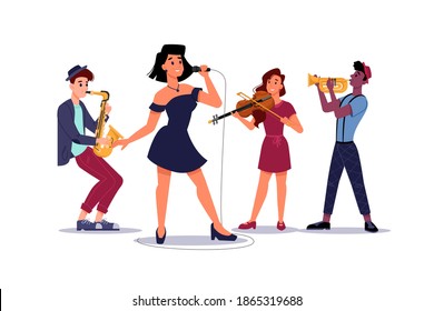 Classic Music Band, Woman Singer Soloist, Saxophone And Trumpet Players, Isolated Musical Group. Vector Concert Or Performance With Musicians, Sexy Woman Singer And Violinist Plays On Violin