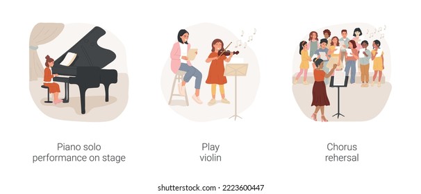 Classic music classes for children isolated cartoon vector illustration set. Orchestra class, piano solo performance on stage, play violin, chorus rehearsal, middle school elective vector cartoon.