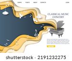 Classic music concert advertising landing page vector. Piano and flying out musical notes paper cut style design illustration. Web banner template, website page mockup