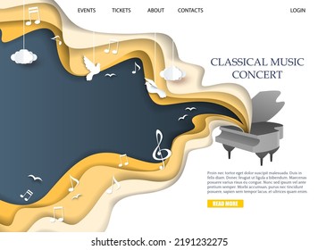 Classic Music Concert Advertising Landing Page Vector. Piano And Flying Out Musical Notes Paper Cut Style Design Illustration. Web Banner Template, Website Page Mockup