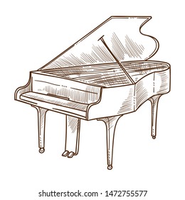 Classic music concert piano musical instrument isolated sketch vector orchestra or jazz band musicians equipment performance or show melody, and song monochrome drawing notes and tune keys playing