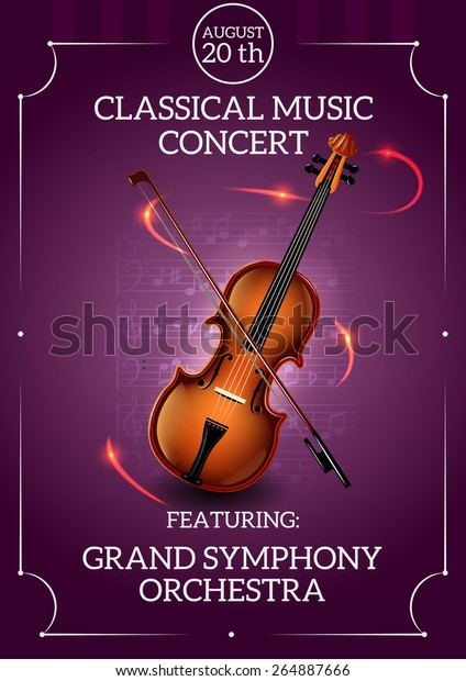 Classic music concert poster with violin and\
bow vector\
illustration
