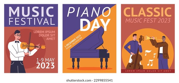 Classic music concert posters. String and wind instruments. Musicians characters. Invitational banners. Symphony orchestra. Acoustic performance. Vector musical festival
