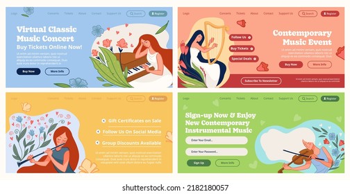 Classic music concert promotion at web banner set. Flat woman character play at music instrument, vector illustration. Buy ticket for online art event at landing page collection design