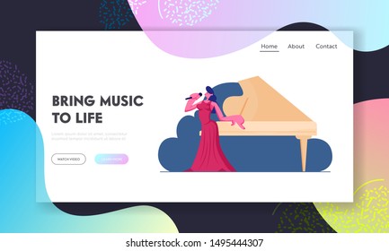 Classic Music Cultural Life Website Landing Page. Woman Singer Stand at Grand Piano Performing Opera Composition Singing Song on Stage of Concert Hall Web Page Banner. Cartoon Flat Vector Illustration