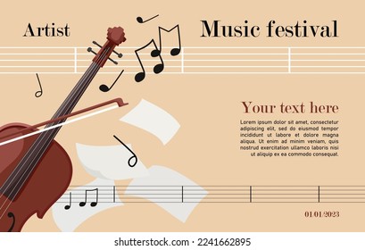 Classic music festival banner. Poster for live music festival and jazz party. Flyer in creative style with wooden violin. Musical notes drawn on background for orchestra concert. Vector illustration