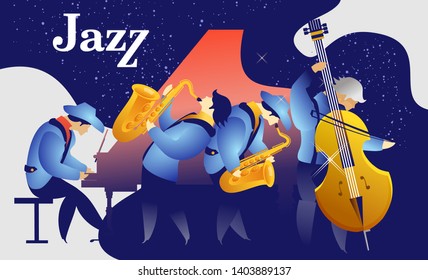 Classic music festival jazz rock concert, jazz gangs. Vertical vector banner illustration.