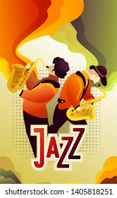 Classic music festival jazz rock concert, jazz gangs. Vertical vector banner illustration.