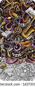 Classic Music hand drawn doodle banner. Cartoon detailed flyer. Musical identity with objects and symbols. Color vector design elements background