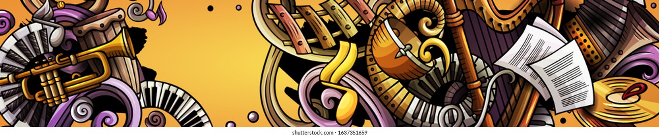 Classic Music hand drawn doodle banner. Cartoon detailed flyer. Musical identity with objects and symbols. Color vector design elements background