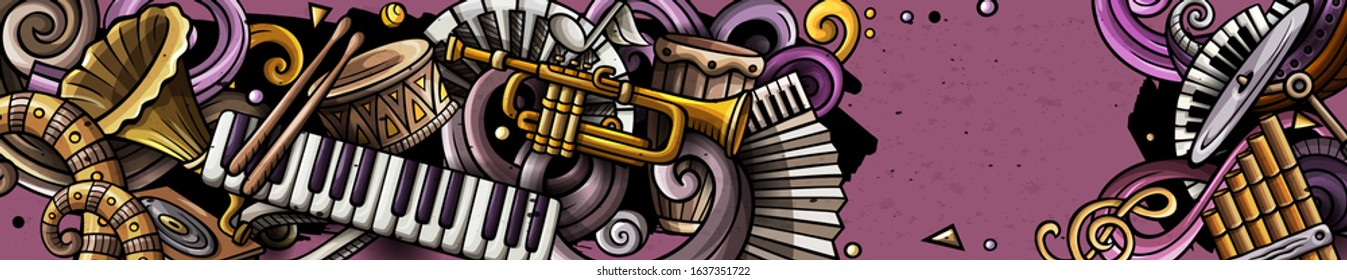 Classic Music hand drawn doodle banner. Cartoon detailed flyer. Musical identity with objects and symbols. Color vector design elements background