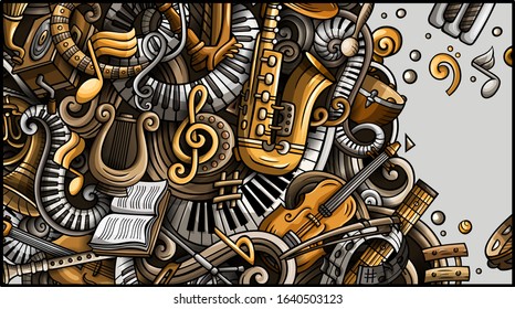 Classic Music hand drawn doodle banner. Cartoon detailed flyer. Musical identity with objects and symbols. Color vector design elements background