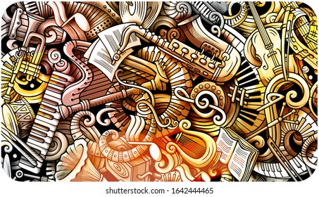 Classic Music hand drawn doodle banner. Cartoon detailed flyer. Musical identity with objects and symbols. Watercolor vector design elements background