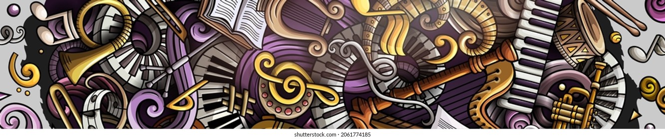 Classic Music hand drawn doodle banner. Cartoon detailed flyer. Musical identity with objects and symbols. Color vector design elements background