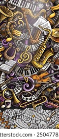 Classic Music hand drawn doodle banner. Cartoon detailed flyer. Musical identity with objects and symbols. Color vector design elements background