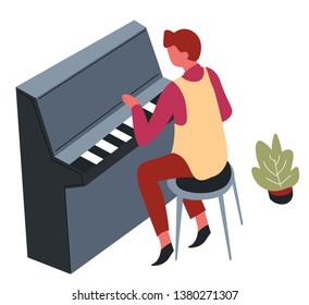 Classic music hobby pianist playing piano vector musician and musical instrument live sound performance or show keys and notes song or melody talented singer isolated male character leisure pastime