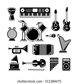 Classic music instruments, silhouettes vector icons. Instrument classical black white style. Illustration of guitar, piano and drum