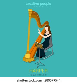 Classic music symphony female harp performer flat 3d web isometric infographic concept vector. Young woman people playing on instruments scene theater opera concert.