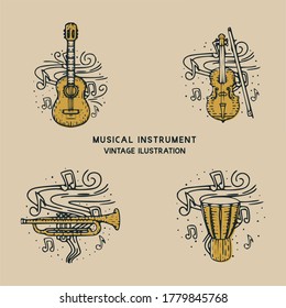 Classic musical instrument Guitar, drum, trumpet and violin vintage illustration