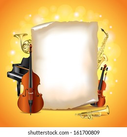 Classic musical instruments with blank paper vector background