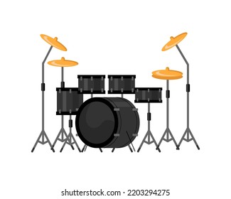 Classic musical instruments for playing music, isolated drum kit for drummer. Hobbies and concert, performing or band practice. Vector in flat cartoon style