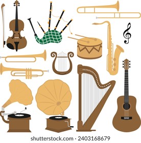 Instrumentos musicales clásicos de corte vectorial, violín vintage, guitarra, saxofón, gaita, gramófono, lira