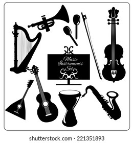 Classic musical orchestral instruments black icons set of guitar violin trumpet harp sketch vector abstract isolated illustration