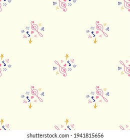 Classic musical patterns, with sheet music and treble clef, great designs for any purpose. Abstract retro texture. Sample badge