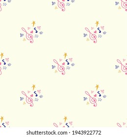 Classic musical patterns, with sheet music and treble clef, great designs for any purpose. Abstract retro texture. Sample badge