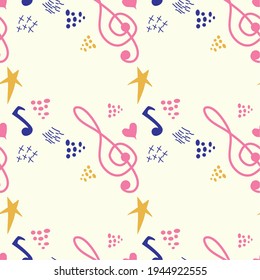 Classic musical patterns, with sheet music and treble clef, great designs for any purpose. Abstract retro texture. Sample badge