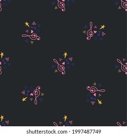 Classic musical patterns, with sheet music and treble clef, great designs for any purpose. Abstract retro texture. Sample badge