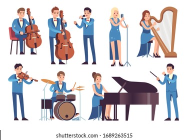 Classic musicians. Singers performing, symphony concert with orchestra instruments cello, piano and clarinet vector jazz and classical characters