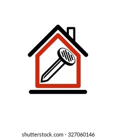 Classic nail icon, woodwork equipment. House with work tools, carpentry. Home construction idea, property vector stylized symbol.

