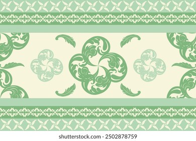 Classic Nature Green Damask Embroidery Seamless Design for Deluxe High Class Decoration. Ancient Chinese Scroll Ornament Embroidery Tone of Jade on Beige Decoration for Scarf Bandana Emperor Apparel. 