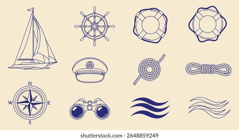 Coleção clássica de ícones náuticos, leme de veleiro de linha azul, boia salva-vidas, bússola, capitão ha, t corda nó ondas e binóculos. Gráficos de aventura marítima.
