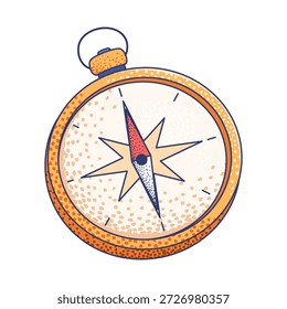 A classic navigation magnetic compass featuring a circular casing, attachment loop, and a needle pointing north and south.