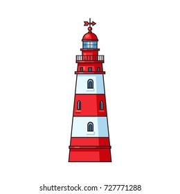 Classic navigational lighthouse, nautical structure, cartoon vector illustration isolated on white background. Cartoon illustration of marine lighthouse, red and white