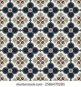 Classic Navy and Beige Floral Tile Seamless Pattern