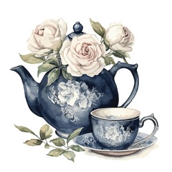 Classic Navy Blue Porcelain Tea Pot And Tea Cup As One Set On Watercolor