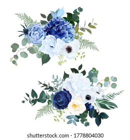Classic navy blue rose, white hydrangea, ranunculus, anemone, dark thistle flowers, greenery and eucalyptus, juniper, green leaves vector bouquets.Trendy color collection set. Isolated and editable
