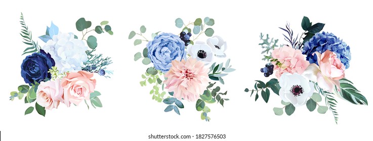 Classic navy blue, white, blush pink rose, hydrangea, ranunculus, dahlia, anemone, peony, thistle flowers, greenery and eucalyptus wedding vector bouquets.Trendy color collection.Isolated and editable