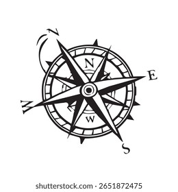 A classic navy blue and white nautical compass rose, featuring cardinal directions and a decorative wind rose, symbolizing navigation, direction, and exploration.