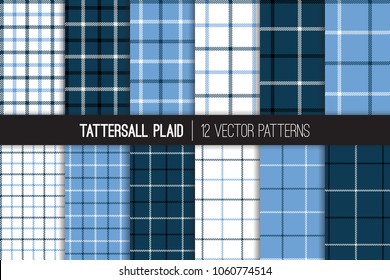 
Classic Navy, Blue and White Tattersall & Windowpane Plaid Vector Patterns. Men's Fashion Fabric. Father's Day Background. Small to Large Scale Check Textile Prints. Pattern Tile Swatches Included.