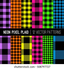 Classic Neon Colors Buffalo Check and Gingham Plaid Vector Patterns in Fluorescent Yellow, Orange, Lime, Pink, Purple and Blue. Glow in the Dark Backgrounds. Pattern Swatches made with Global Colors. 