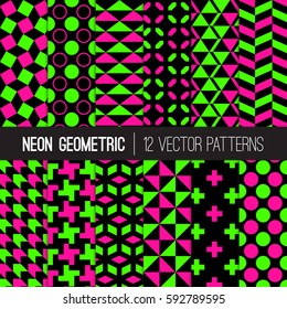 Classic Neon Colors Geometric Patterns. Fluorescent Lime Green, Hot Pink with Black. Glow in the Dark Backgrounds. Trendy 80s, 90s Style Revival. Vector Pattern Tile Swatches Included.
