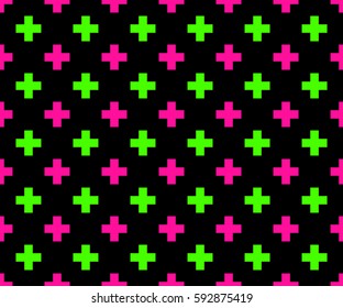 Classic Neon Colors Geometric Plus Sign Seamless Pattern. Fluorescent Lime Green, Hot Pink with Black. Glow in the Dark Background. Trendy 80s, 90s Style Revival. Vector Pattern Tile Swatch Included.